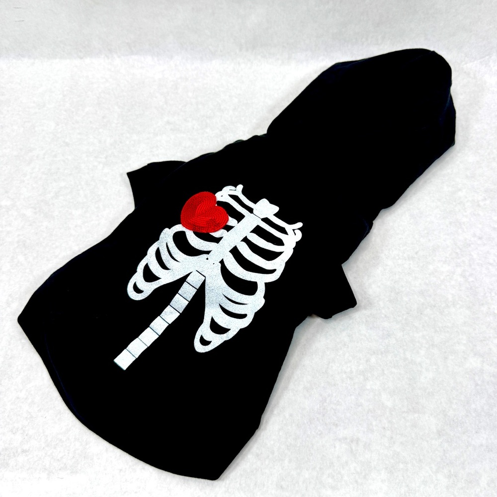 MONKEY DAZE Dog Hoodie - Sparkling Skeletonon with Sequin Heart - Sz L